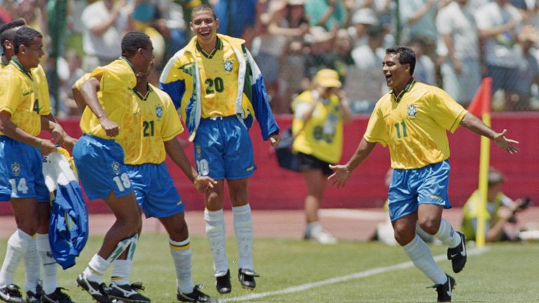 Romario celebrates a goal for Brazil against Russia at the 1994 World Cup as Cafu and Ronaldo look on