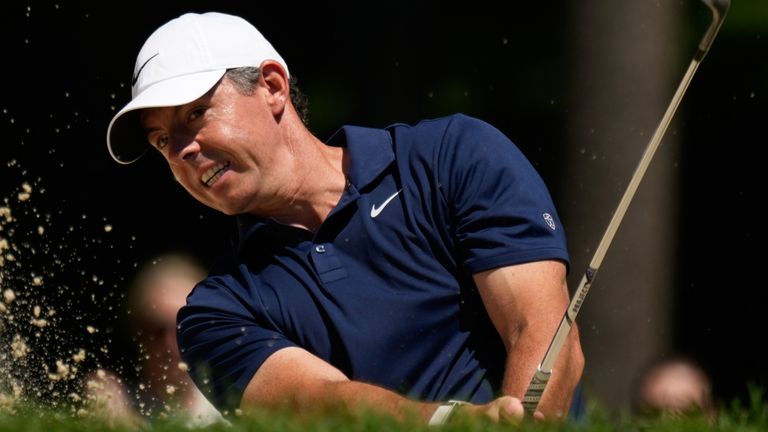 Rory McIlroy hits out of a bunker on the seventh hole during the first round of the Memorial Tournament (AP Photo/Sue Ogrocki)