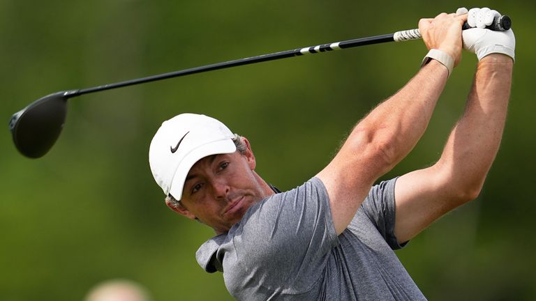 Rory McIlroy, of Northern Ireland, watches his tee shot on the eighth hole during the second round of the U.S. Open golf tournament at Shinnecock Hills Golf Club in Southampton, N.Y., Friday, June 19, 2026.(AP Photo/George Walker IV)