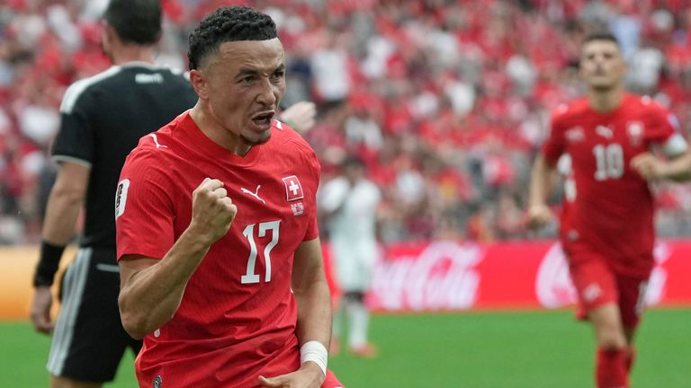 Switzerland's Ruben Vargas celebrates after scoring against Canada (AP Photo/Abbie Parr)
