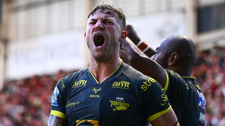 Picture by Olly Hassell/SWpix.com - 18/06/2026 - Rugby League - Betfred Super League Round 15 - Warrington Wolves v Leeds Rhinos - Halliwell Jones Stadium, Warrington, England - Chris Hankinson of Leeds celebrating his try