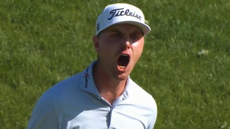 Ryan Gerard celebrates a huge putt on the 17th that saw him take the lead at the Memorial
