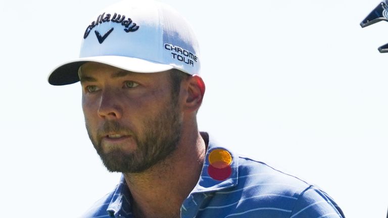 Sam Burns celebrates after a birdie on the fifth hole during the final round of the U.S. Open golf tournament 
