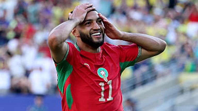 Ismael Saibari #11 of Morocco celebrates scoring his team's first goal during the FIFA World Cup 2026 match between Brazil and Morocco