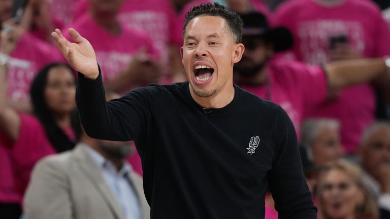 San Antonio Spurs head coach Mitch Johnson yells during the second half of Game 1 of the NBA Finals (AP Photo/Eric Gay)