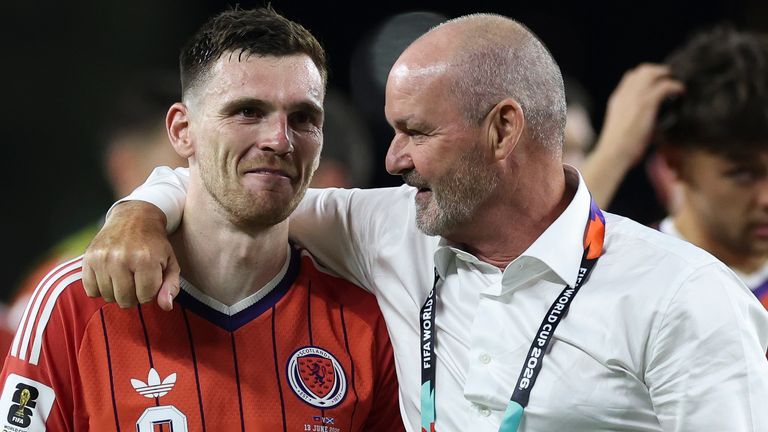 Scotland boss Steve Clarke with his captain, Andy Robertson, after beating Haiti in their World Cup opener in Boston