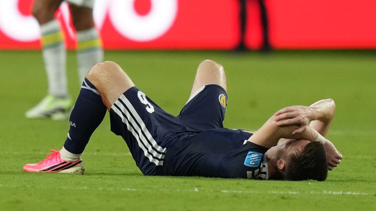 Scotland's Kieran Tierney (60 reacts after loss to Brazil