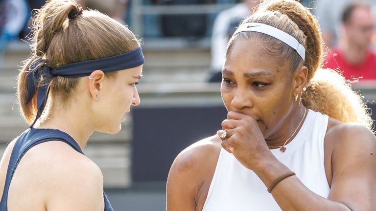 16 June 2026, Berlin: Tennis: WTA Tour, Doubles, Women, 1st Round. Muchova (Czech Republic) / Williams (USA) vs. Olmos (Mexico) and Routliffe (New Zealand). Serena Williams (right) talks with Karolina Muchova. Photo by: Andreas Gora/picture-alliance/dpa/AP Images