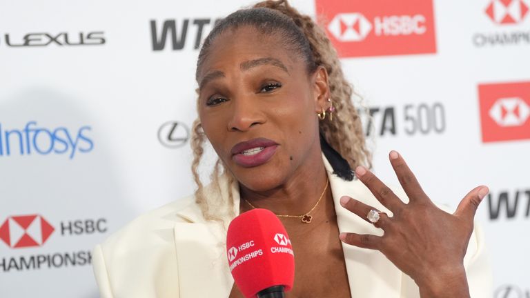 Serena Williams speaks to reporters on Sunday afternoon