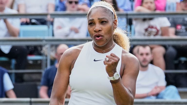 Serena Williams of the U.S. reacts as she and Czech Republic's Karolina Muchova play during their round of 16 doubles match against New Zeal