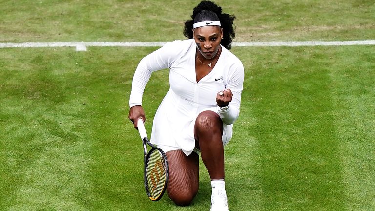 Serena Williams celebrates a break of serve against Harmony Tan during their first round match on Center Court on day two of Wimbledon 2022