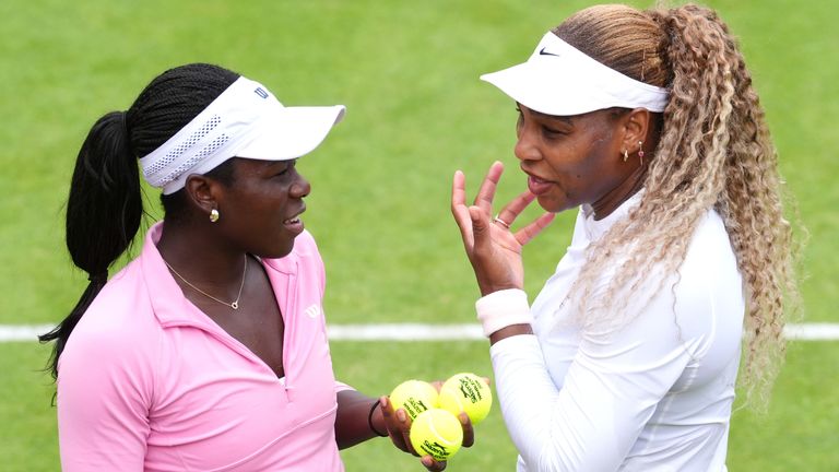 Serena Williams and Victoria Mboko of Canada warmed up at Queen's Club on Sunday
