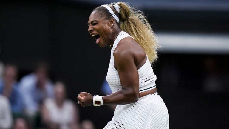 Serena Williams celebrates winning a key point at Wimbledon