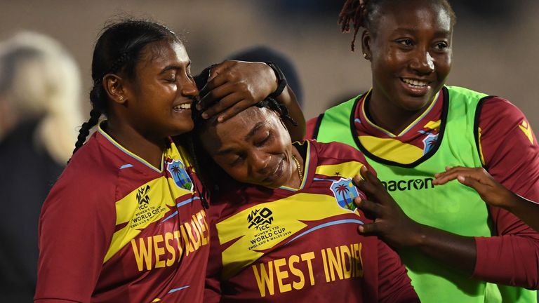An emotional Shemaine Campbelle celebrates after West Indies' win over New Zealand