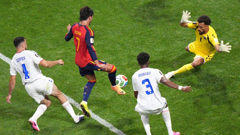 Spain's Ferran Torres is denied by Cape Verde goalkeeper Vozinha