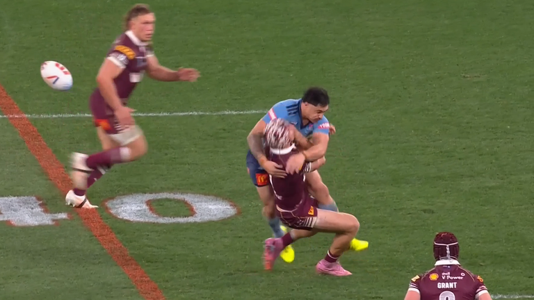 Kotoni Staggs was sent to the sin bin for a high tackle on Queensland's Kalyn Ponga
