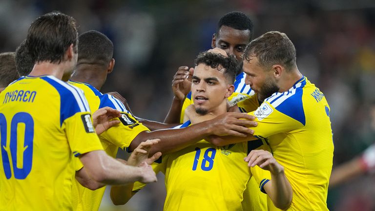 Sweden's Yasin Ayari (18) celebrates after scoring his side's opening goal 