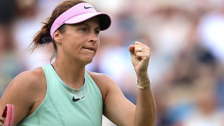 Tatjana Maria of Germany celebrates a point against Jelena Ostapenko of Latvia during the Women's Singles Semi-final match on centre court o