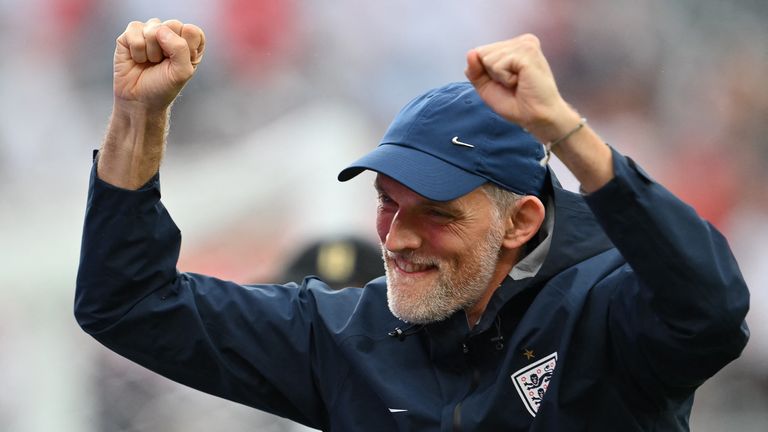 England's German head coach Thomas Tuchel celebrates after winning the 2026 World Cup Group L football match between Panama and England at the New York/New Jersey Stadium in East Rutherford on June 27, 2026.  (Photo by ANGELA WEISS / AFP)