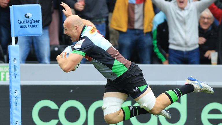 Harlequins' Tom Lawday scores a try against Northampton