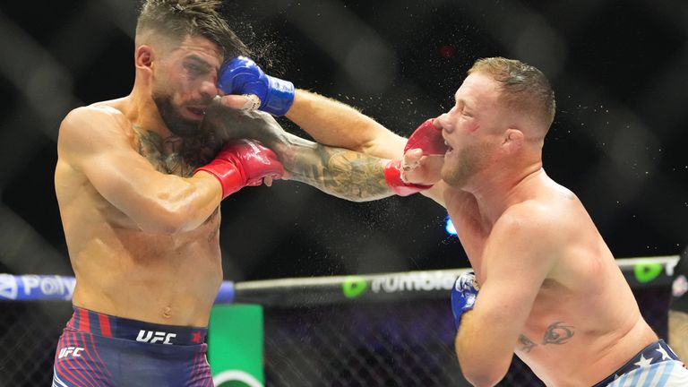 Justin Gaethje lands a punch on Ilia Toupruia during UFC Freedom 250 on the South Lawn of the White House. Pic: AP Photo/Alex Brandon.
