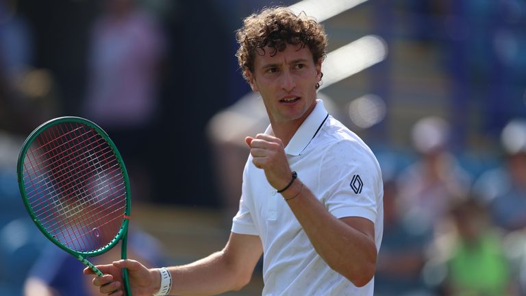 Ugo Humbert of France reacts against Quentin Halys of France during day four of the Lexus Eastbourne Open at Devonshire Park, Eastbourne. Pi
