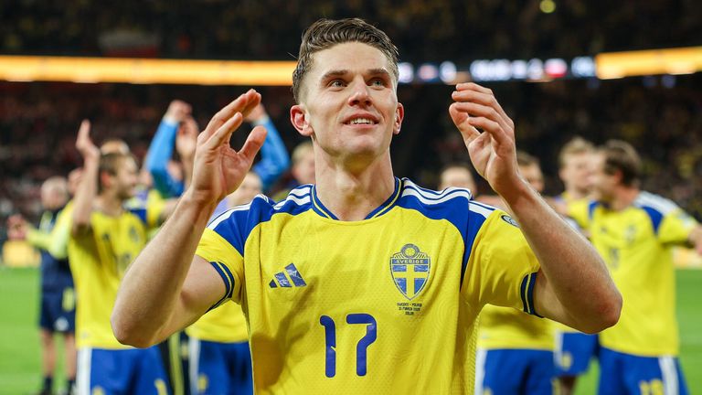 Viktor Gyokeres celebrates after Sweden's play-off win over Poland