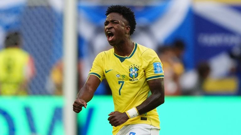 Vinicius Junior celebrates scoring an early goal for Brazil