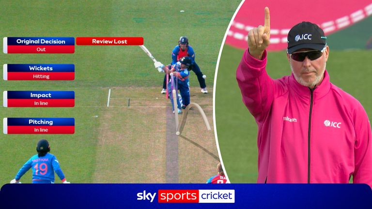 Leading by example the England captain Charlie Dean sees off Smriti Mandhana as the India batter goes for lbw 