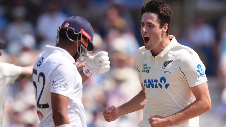 Will O'Rourke wheels away after taking the early wicket of Emilio Gay