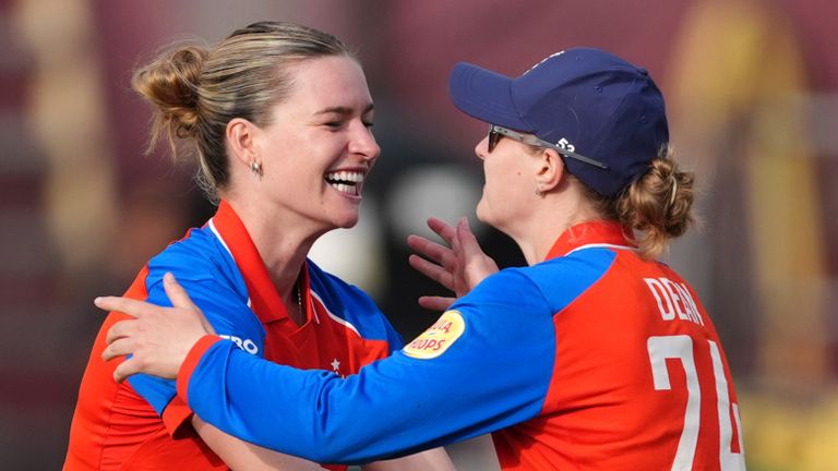 Lauren Bell (left) and Charlie Dean (right) celebrate a wicket for England in T20 international cricket (PA Images)