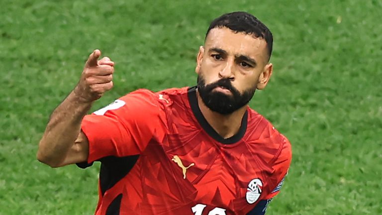Mohamed Salah celebrates after scoring for Egypt in their win against New Zealand