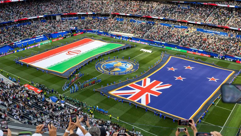 Open ceremony for the FIFA World Cup Group G soccer match between the IR Iran and the New Zealand at SoFi Stadium in Inglewood, Calif., Monday, June 15, 2026. (Ringo Chiu via AP)