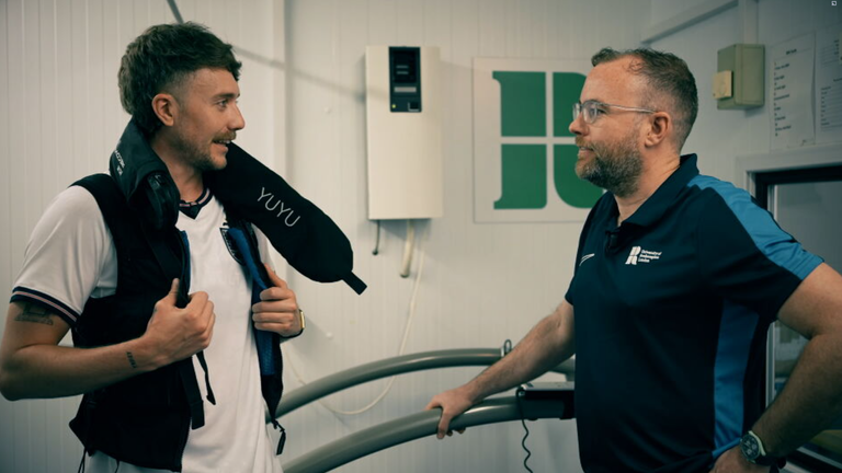 Roman Kemp while filming at Roehampton University's climate chamber
