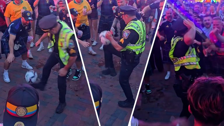 Scottish fans with Boston police officer