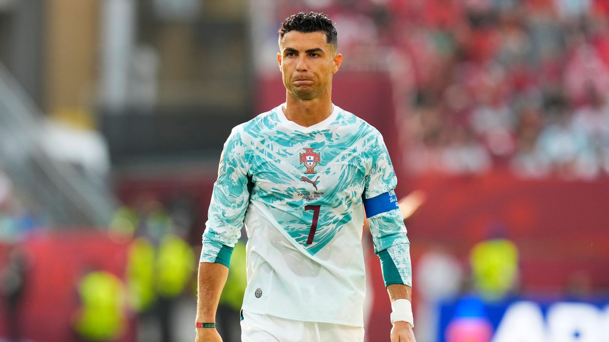 Portugal's Cristiano Ronaldo (7) reacts during the World Cup round of 32 soccer match between Portugal and Croatia in Toronto, Thursday, July 2, 2026. (Chris Young/The Canadian Press via AP)