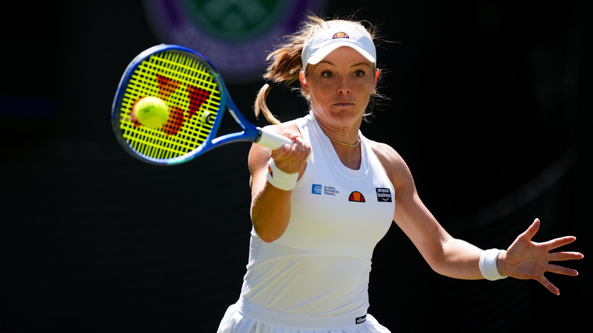 Katie Swan of Great Britain during her Ladies' Singles match against Madison Keys of the United States on day four of the 2026 Wimbledon Cha
