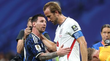 Lionel Messi is congratulated by Harry Kane at full time 