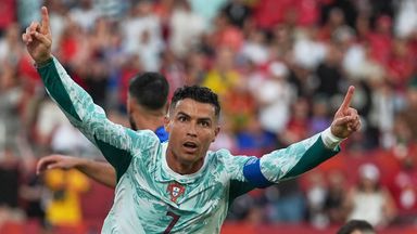 Portugal's Cristiano Ronaldo celebrates after scoring his side's first goal against Croatia during the World Cup round of 32 soccer match in Toronto, Thursday, July 2, 2026. (AP Photo/Stephanie Scarbrough)