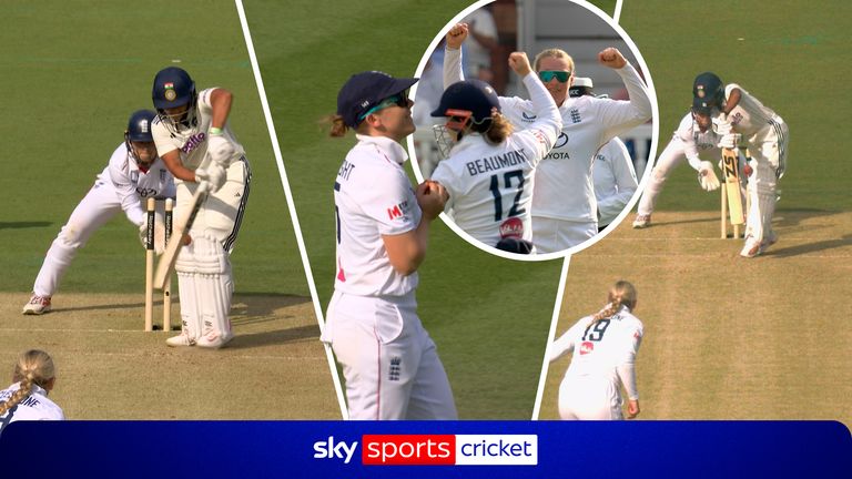 Sophie Ecclestone takes the last three remaining wickets to bowl India out and breaking an England record in the process
