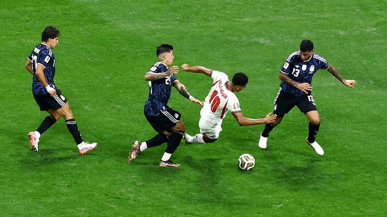 Jude Bellingham fouled against Argentina. Pic: Reuters