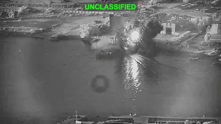 Footage released by US Central Command, of a US attack drone hitting its target. Pic: Reuters