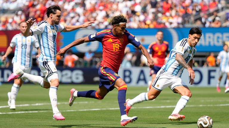 Spain's Lamine Yamal runs with the ball. Pic: AP