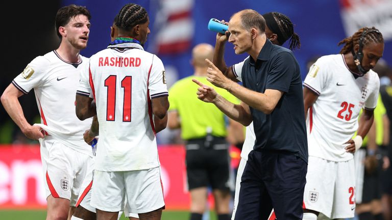 Thomas Tuchel with Marcus Rashford and Declan Rice. Pic: Reuters