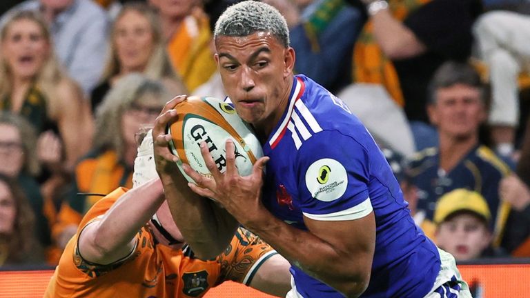 France's Aaron Grandidier-Nkanang scores a try during the Nations Championship clash with Australia (AP Photo/Tertius Pickard)