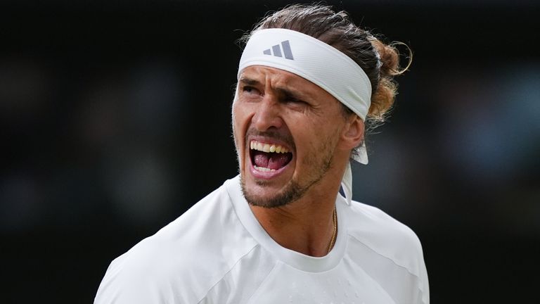 Alexander Zverev of Germany celebrates winning the second set during his Gentlemen's Singles match against Jiri Lehecka of the Czech Republi