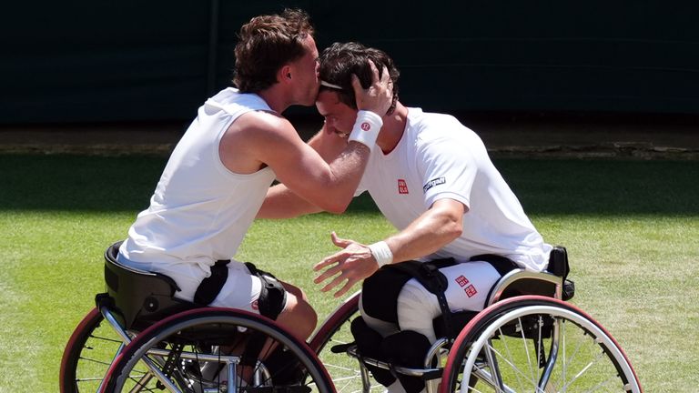 Alfie Hewett and Gordon Reid of Great Britain celebrate victory following the Gentlemen's Wheelchair Doubles Final match against Gustavo Fer