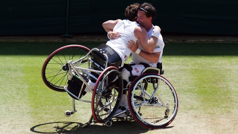 Alfie Hewett and Gordon Reid of Great Britain celebrate victory following the Gentlemen's Wheelchair Doubles Final match against Gustavo Fer