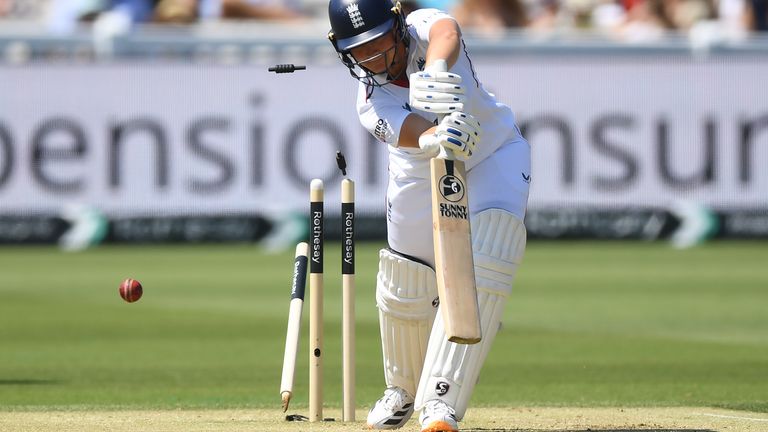 Alice Capsey has her off stump knocked out of the ground after being bowled by India's Kranti Gaud