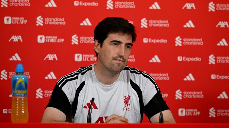 Andoni Iraola head coach of Liverpool during a press conference at AXA Training Centre on July 13, 2026